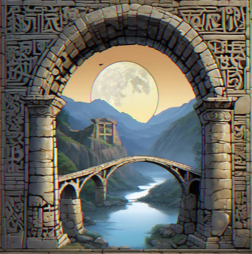 Stone archway with carved correspondence symbols and moonlight illuminating ancient writing on the walls