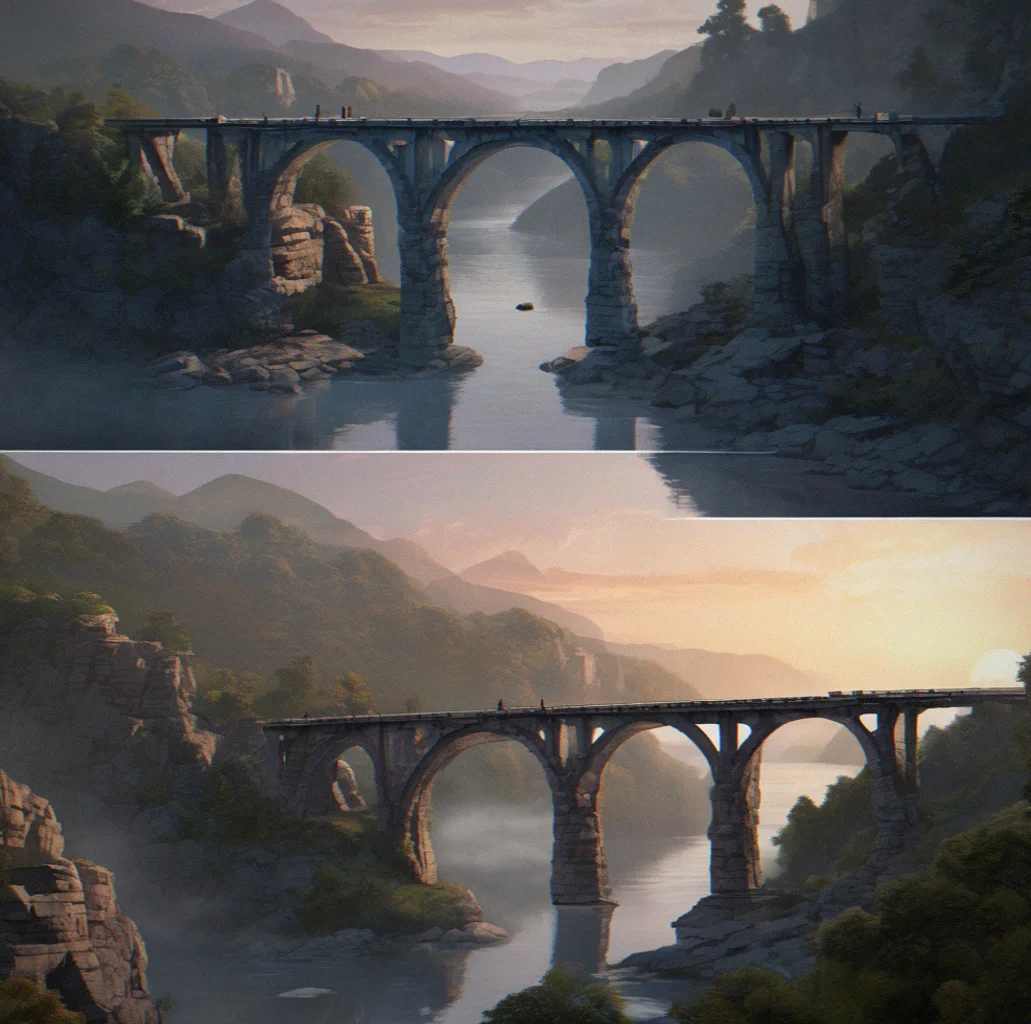 Wide shot of a partially reconstructed bridge spanning a chasm, with four completed stone segments glowing softly