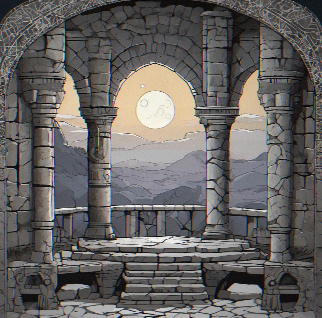 Stone chamber interior with carved geometric patterns and a central pressure mechanism bathed in moonlight
