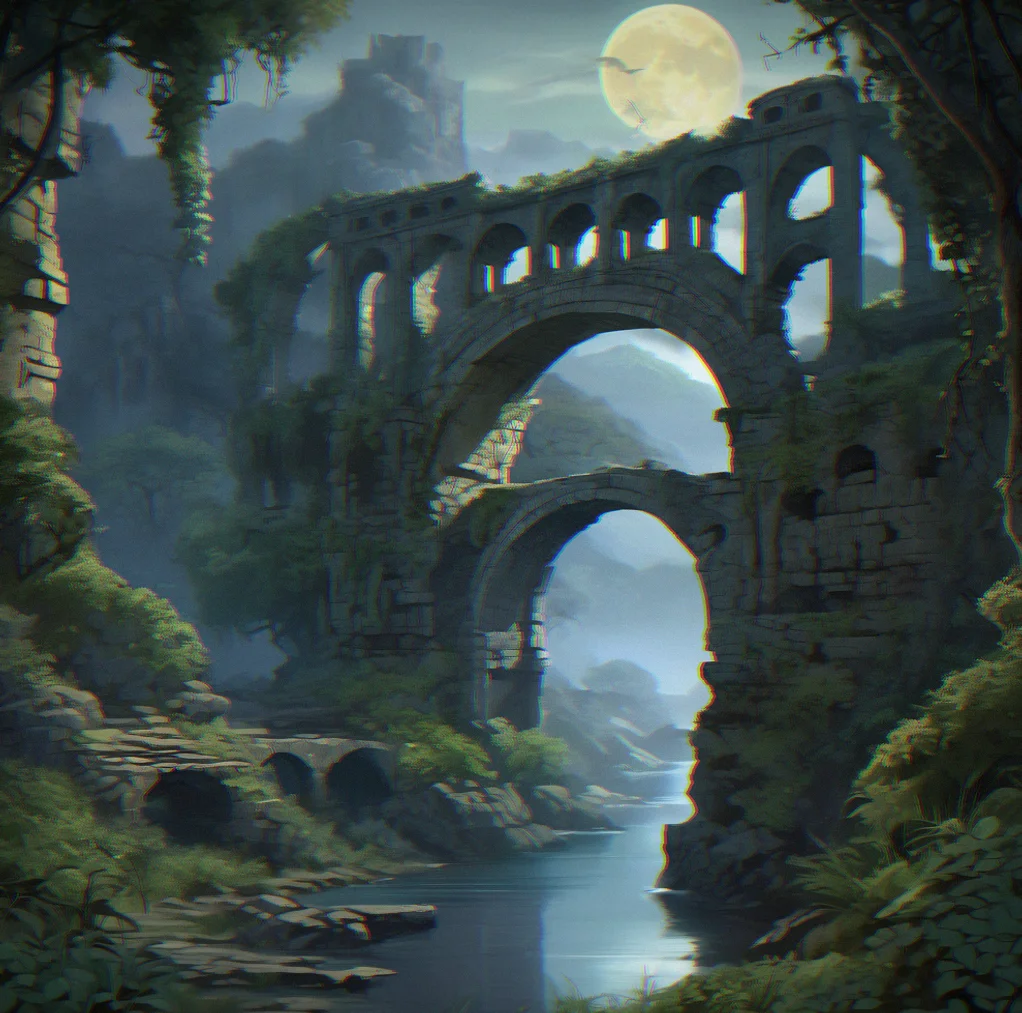Overgrown ancient ruin nestled in moonlit landscape with archways receding into shadow and fog
