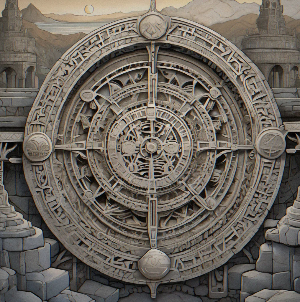 Close-up of intricate stone carvings depicting astronomical patterns and ancient symbols