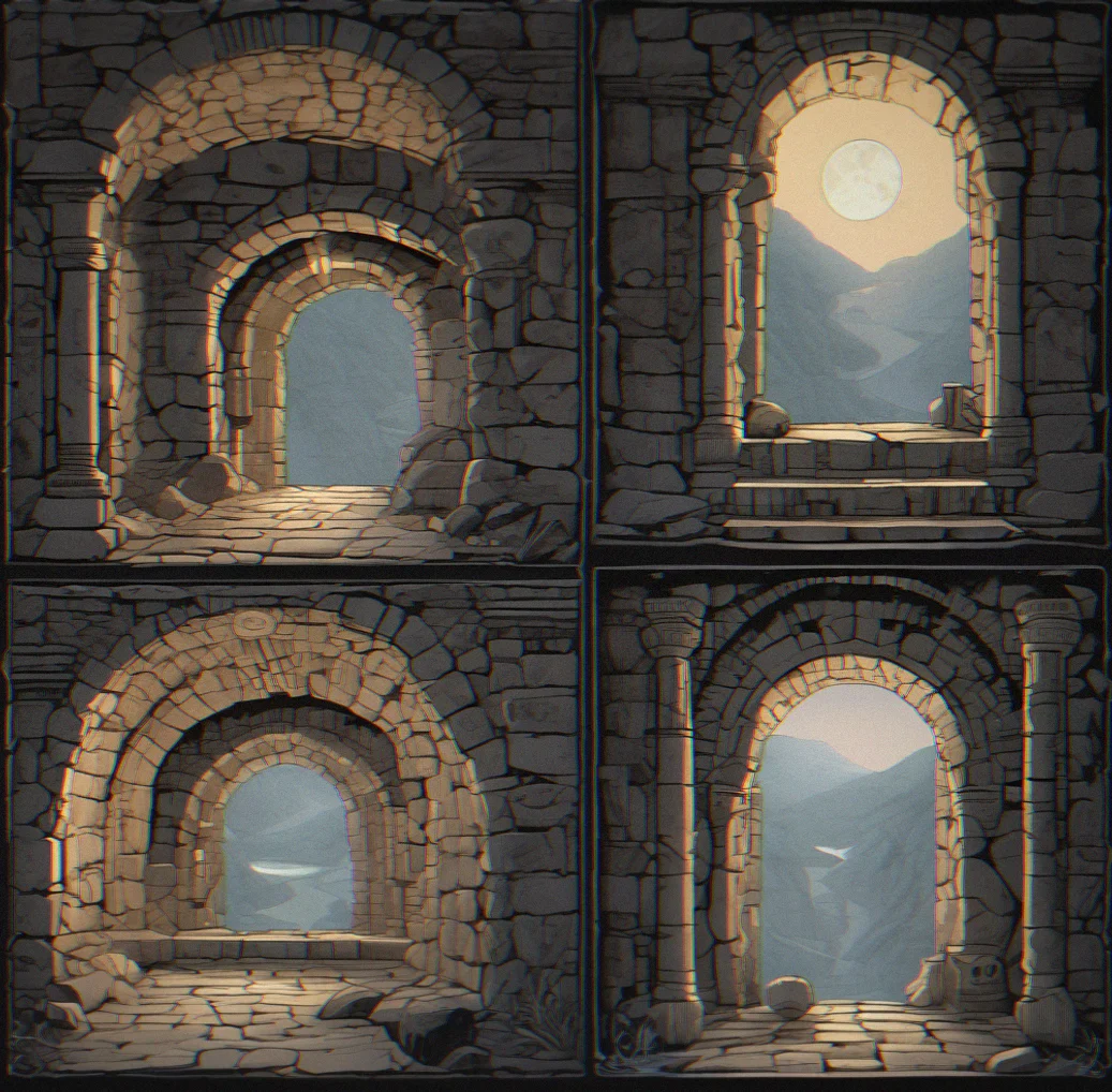 Interior of a stone chamber with carved mechanisms and moonlight streaming through a high window