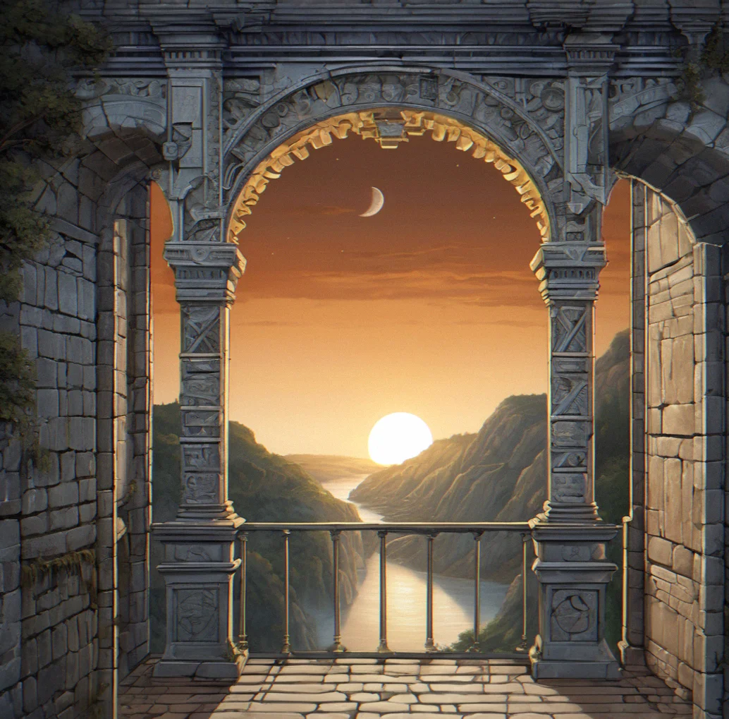 Interior archway framing a distant balcony where moonlight illuminates a single puzzle mechanism
