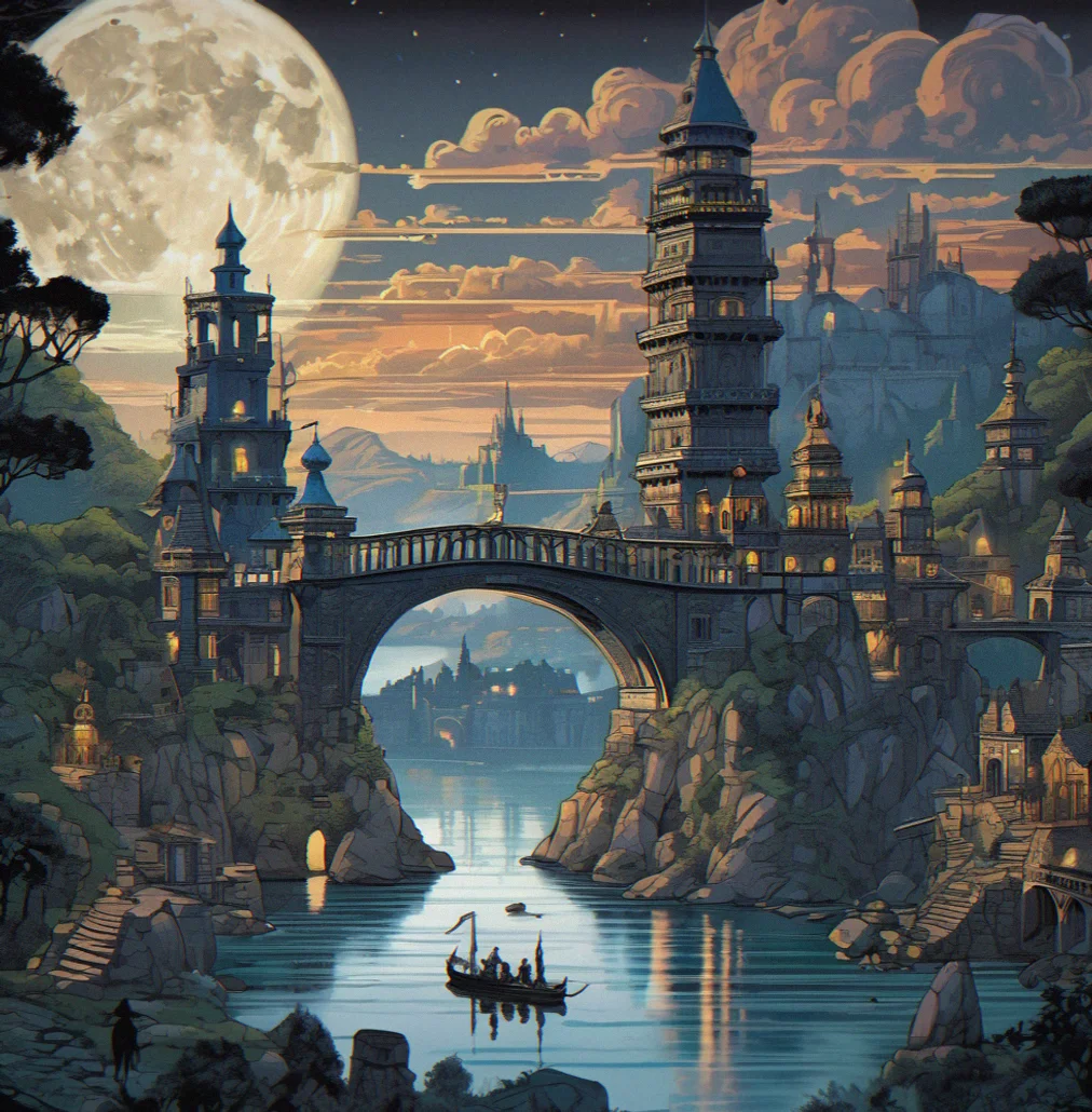 Wide vista of a moonlit kingdom with multiple ancient towers silhouetted against the night sky