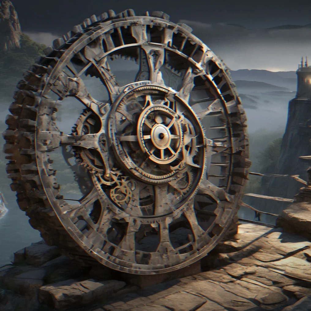 Rotating stone gears inside an ancient mechanism beignning to turn, dust particles illuminated by moonlight