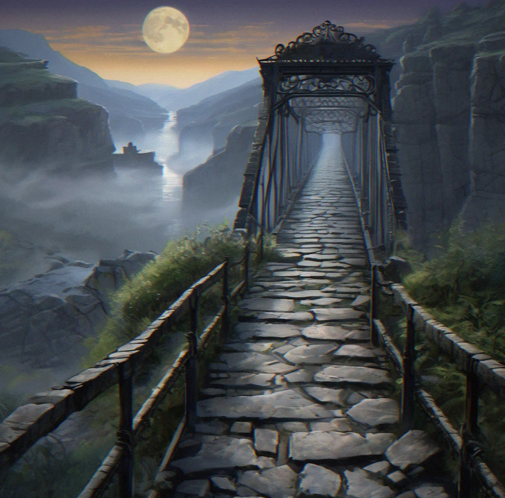 A weathered stone pathway leading into moonlit mist, completely silent and still