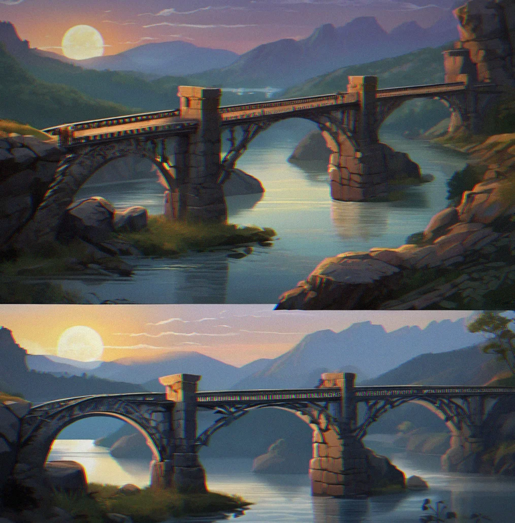 A sequence of bridge stones being fitted into place, each one glowing faintly as it locks