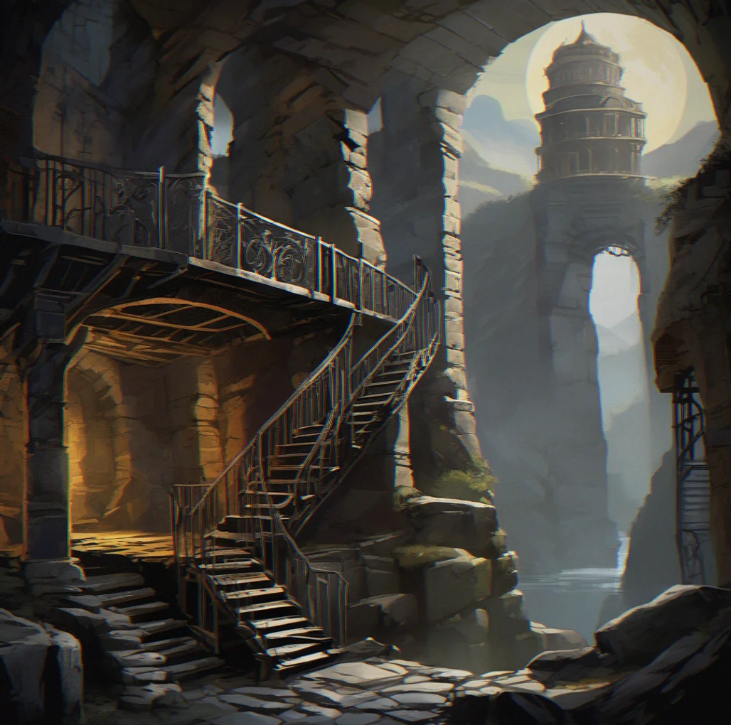 A towering chamber inside with a spiral staircase that climbs up into darkness, narrow vertical windows letting moonlight through and catching dust floating in the beams