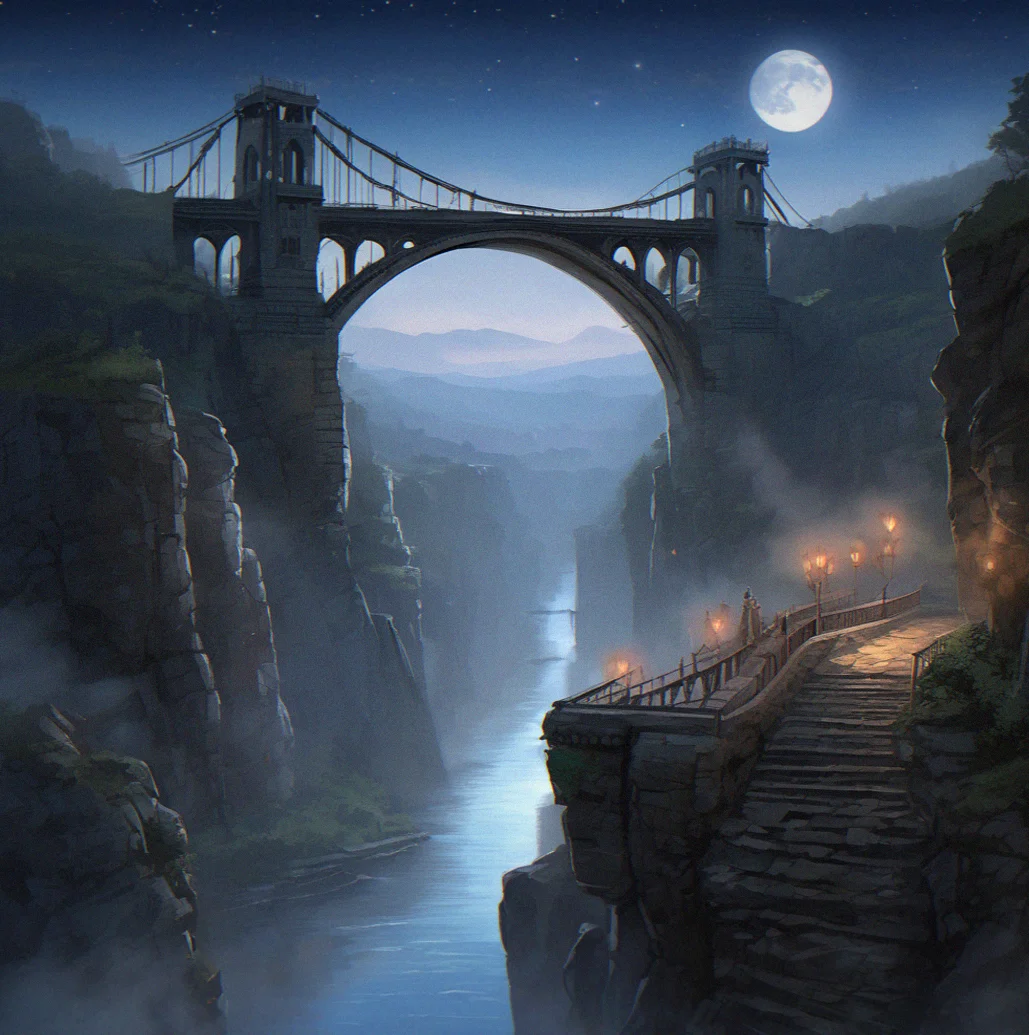 Looking out across a stone bridge that spans a deep chasm, partially rebuilt, with towers rising against a starlit sky and fog rolling up from far below