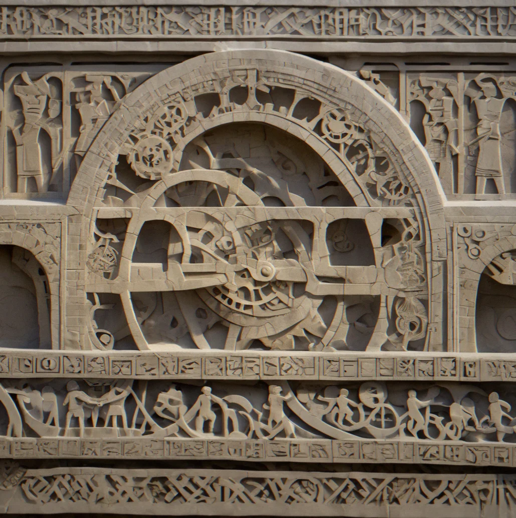Carved stone detail showing mechanisms and astronomical symbols on a wall, moonlight casting shadows that make the geometry jump out at you in a way you'd only notice after spending time really looking