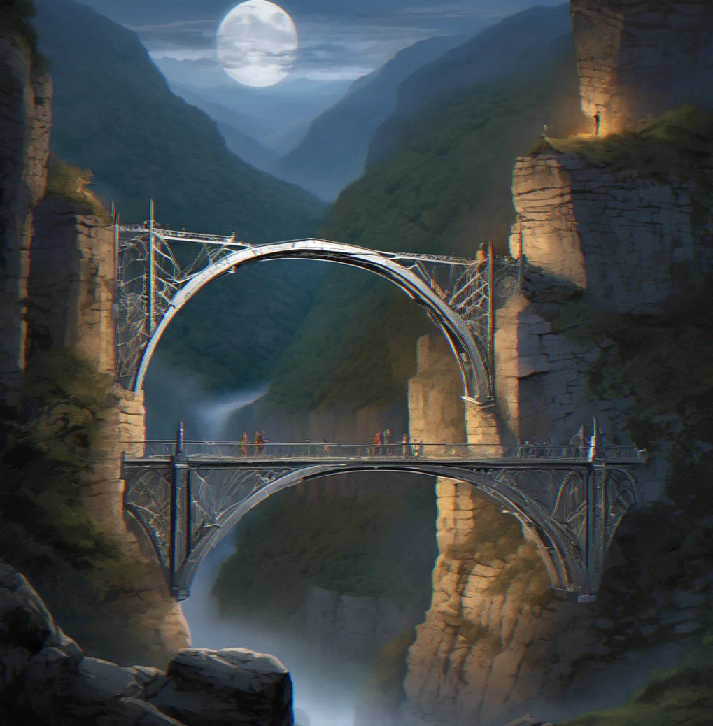 The silver bridge partway through being rebuilt across a moonlit chasm, three stone segments already fitted together with seams that glow faintly, the arches ahead still waiting to be finished, and enormous ruins stretching out on both sides of the gorge