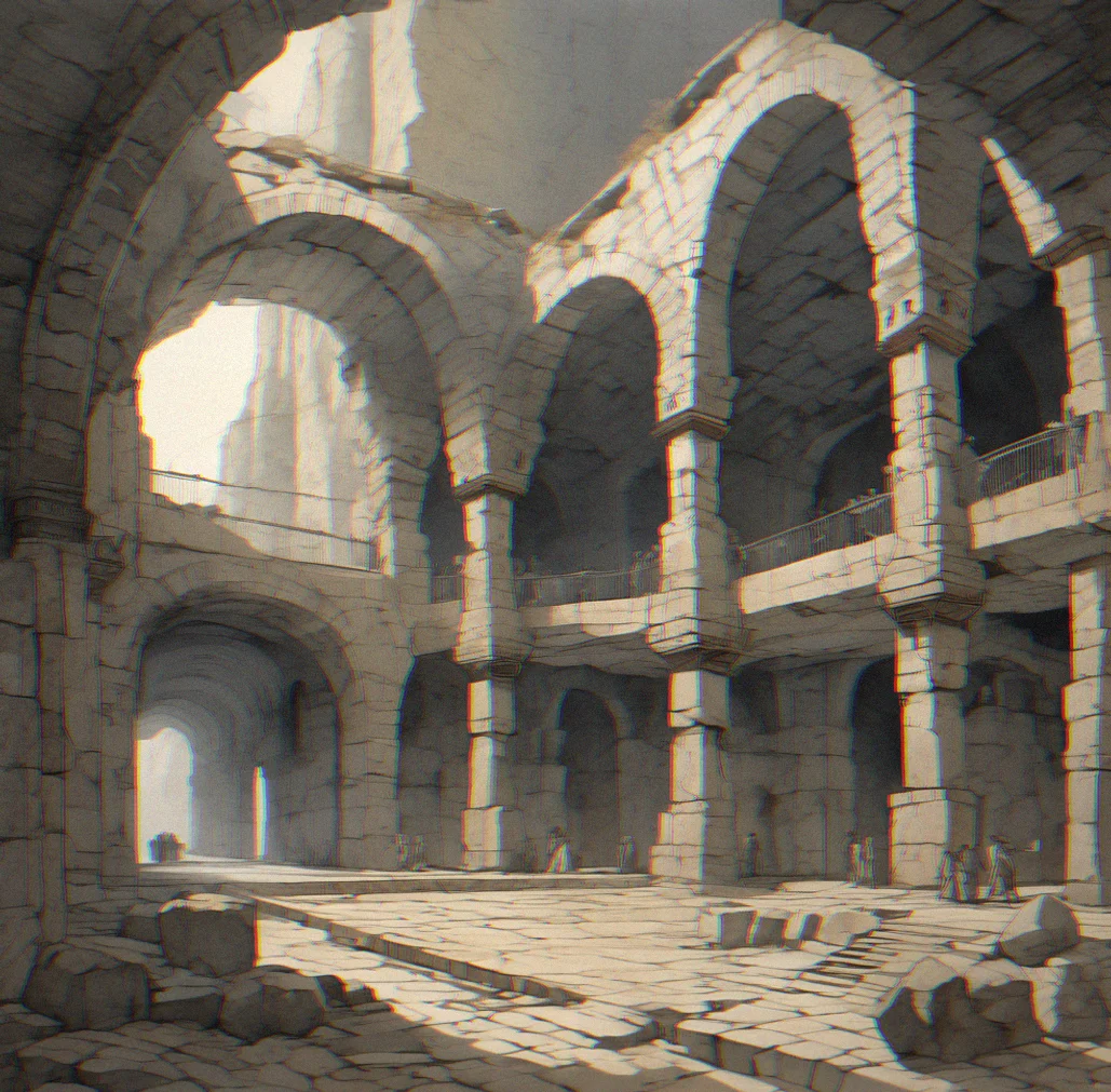 Enormous underground chamber with massive stone pillars holding up a vaulted ceiling, carved stone mechanisms scattered across the floor in careful geometric layouts, moonlight pouring through a single opening way up high and throwing everything into sharp shadow