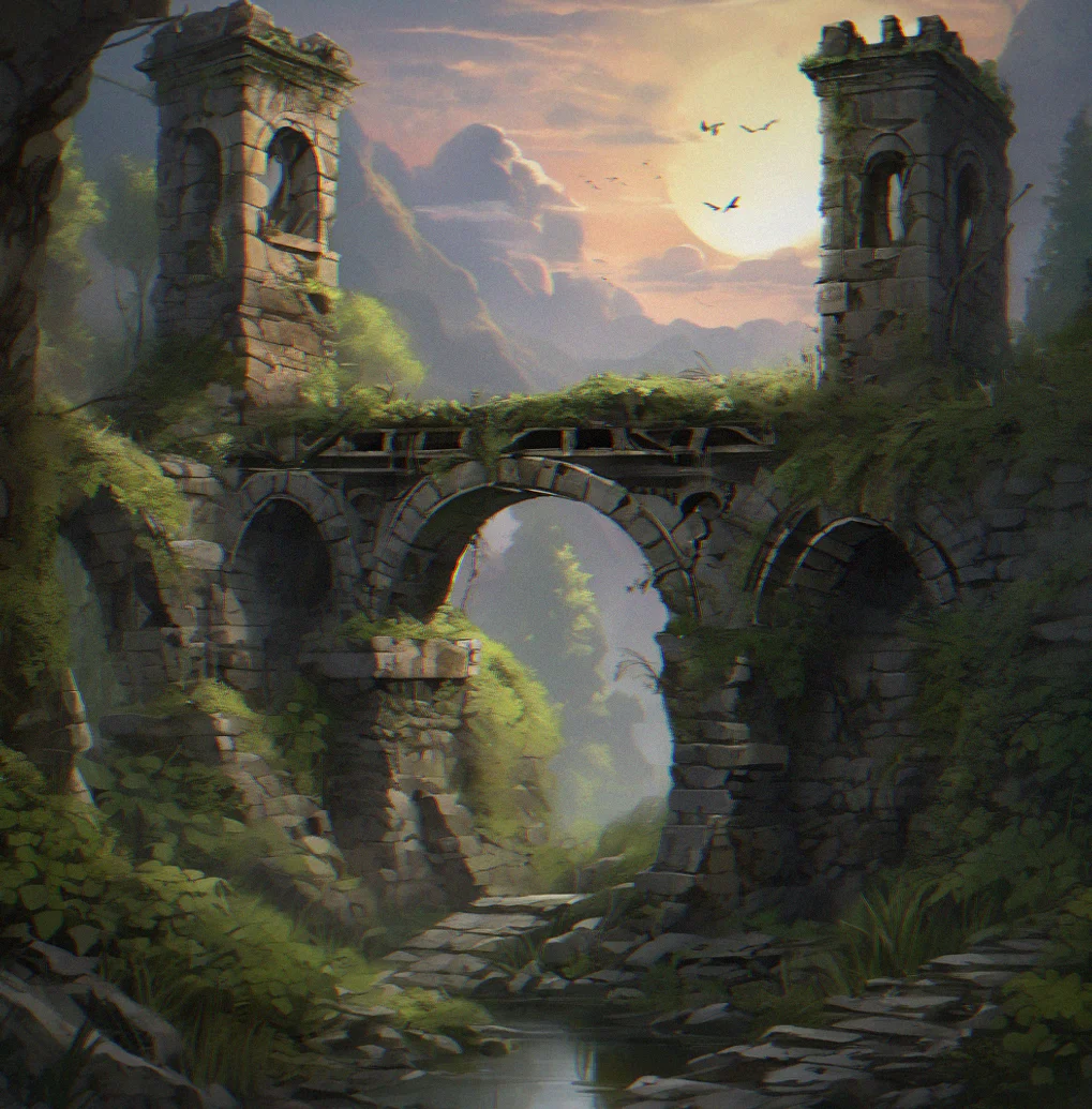 An old ruin sitting overgrown in the moonlight with weathered stone archways crumbling at the edges, vines and plants wound through everything, a mechanism you can almost make out buried under all that growth and telling you this place has been sitting untouched for centuries
