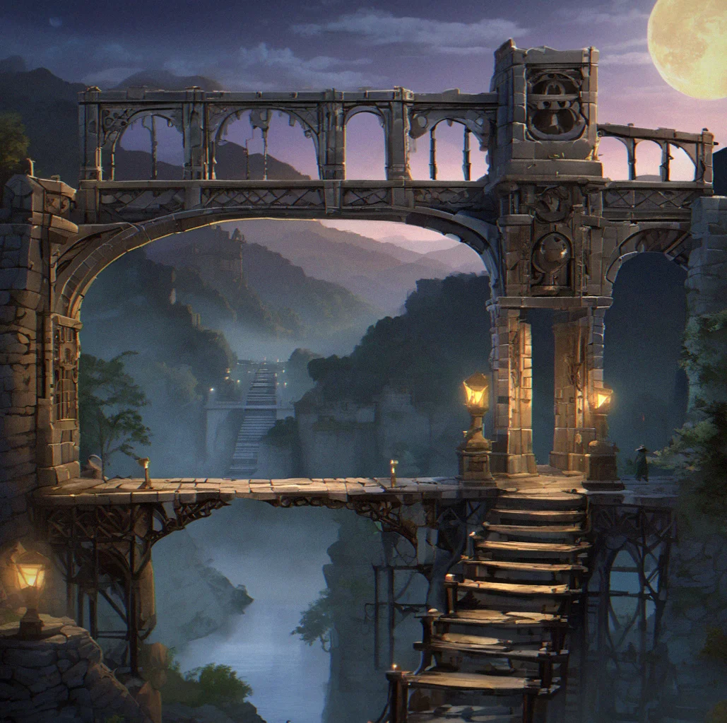The bridge is halfway through being rebuilt across a deep chasm. Stone segments fit together tightly and glow faintly where they meet. The arches ahead fade into darkness. Ancient towers stand on both far shores, silhouetted against the night.