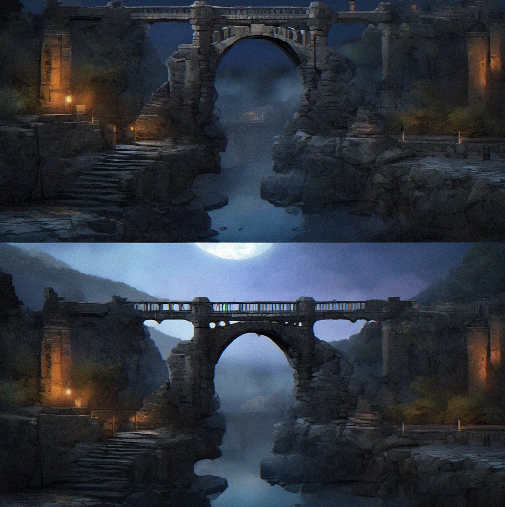 An old stone bridge crosses a dark chasm under moonlight, with crumbling structures fading into mist beyond